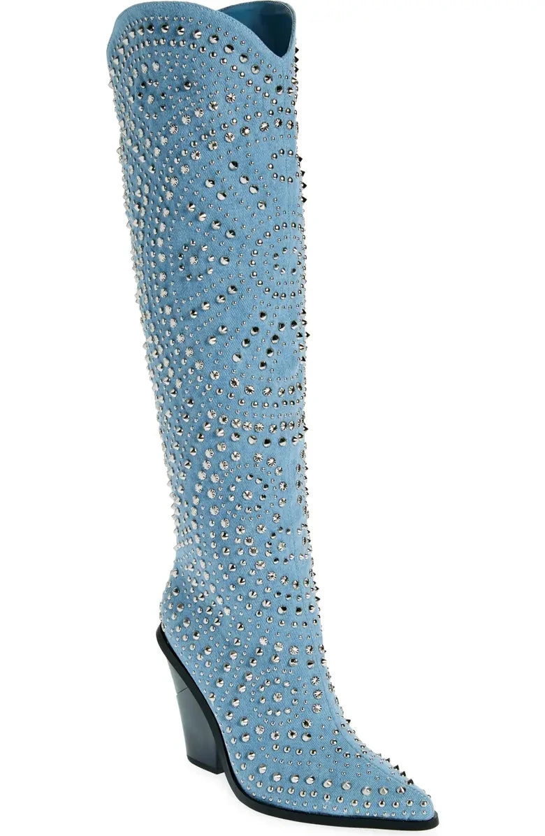 Light Blue Crystal-Embellished Knee-High Women Boots