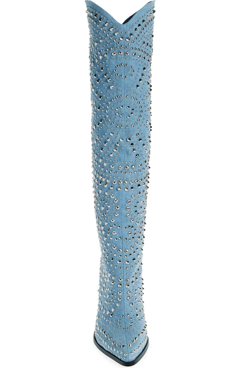 Light Blue Crystal-Embellished Knee-High Women Boots