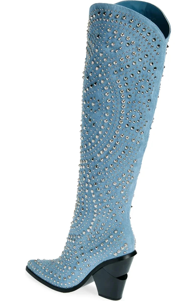 Light Blue Crystal-Embellished Knee-High Women Boots