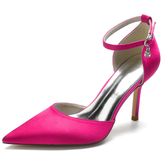 Elegant Satin Pointed Toe Pumps Ankle Strap