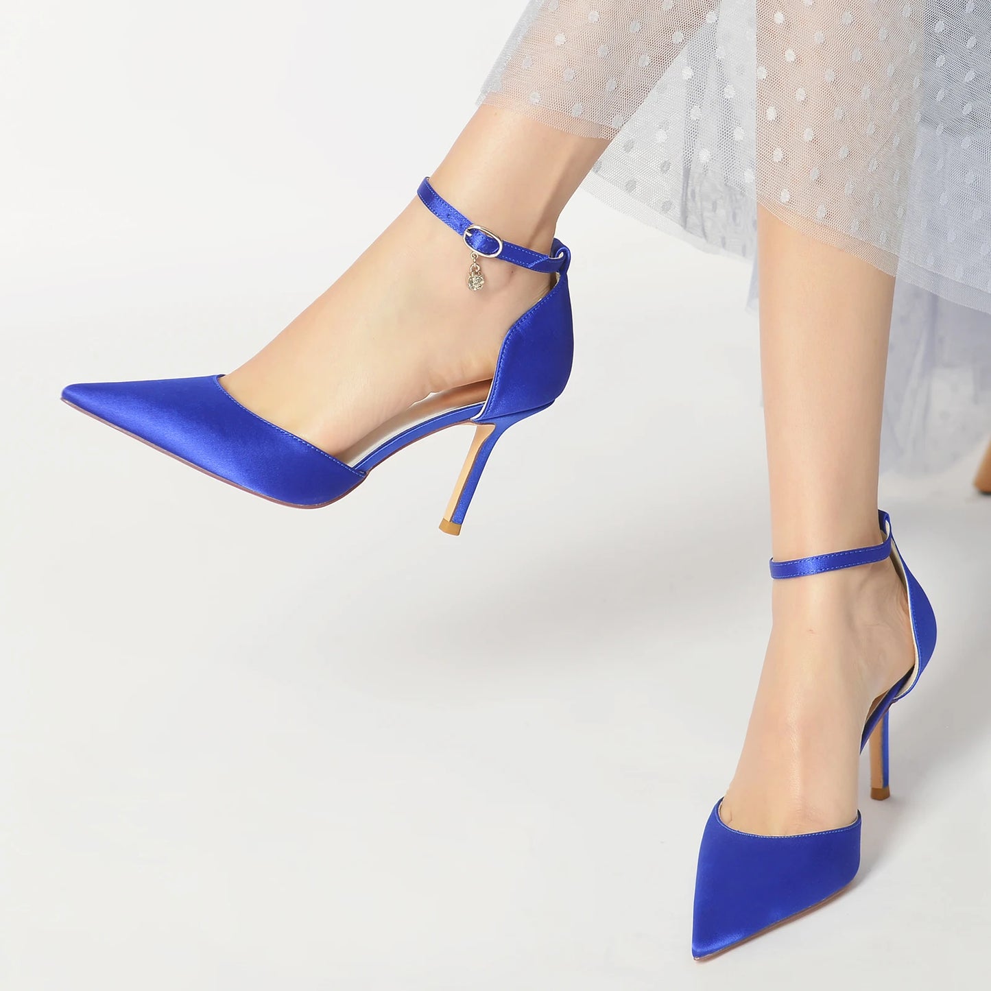 Elegant Satin Pointed Toe Pumps Ankle Strap