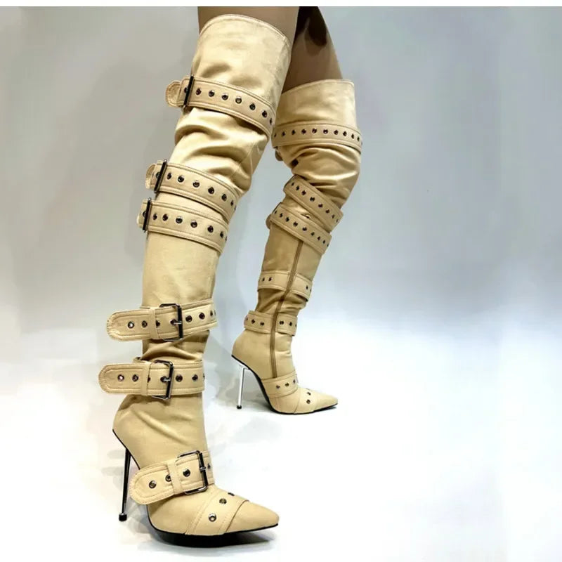 Pointed Buckle with Rivet Thin High Heel Over Knee Boots Sexy Women's 43 Large Boots