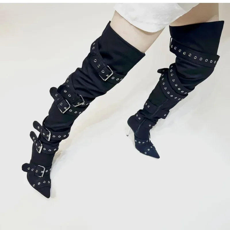 Pointed Buckle with Rivet Thin High Heel Over Knee Boots Sexy Women's 43 Large Boots