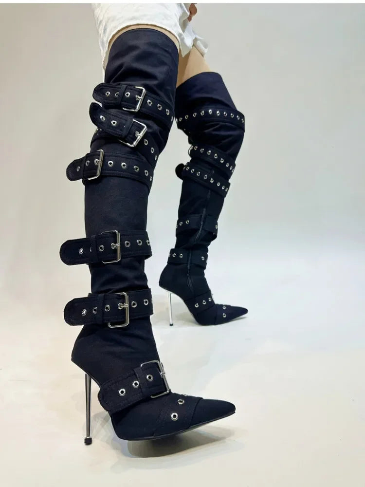 Pointed Buckle with Rivet Thin High Heel Over Knee Boots Sexy Women's 43 Large Boots