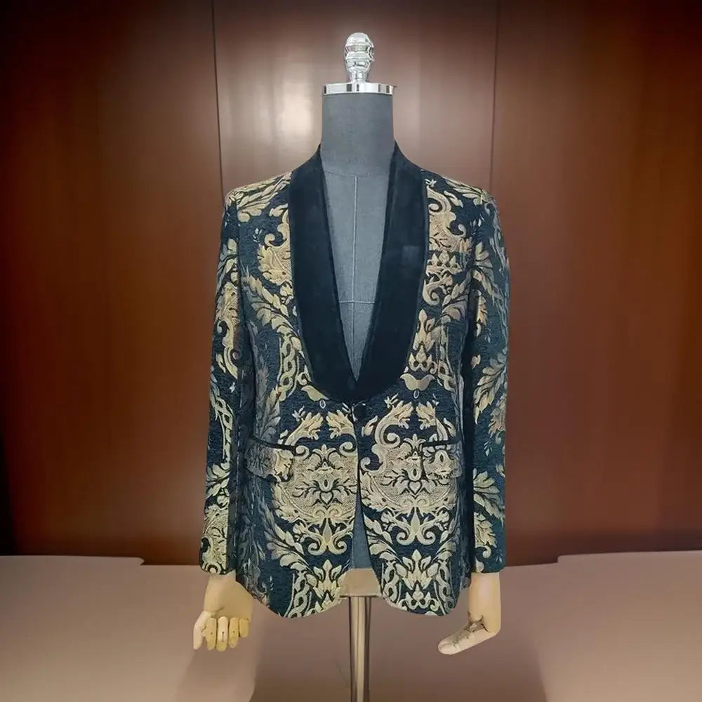 Men's Deep Blue Velvet Jacket with Gold Embellished Patterns