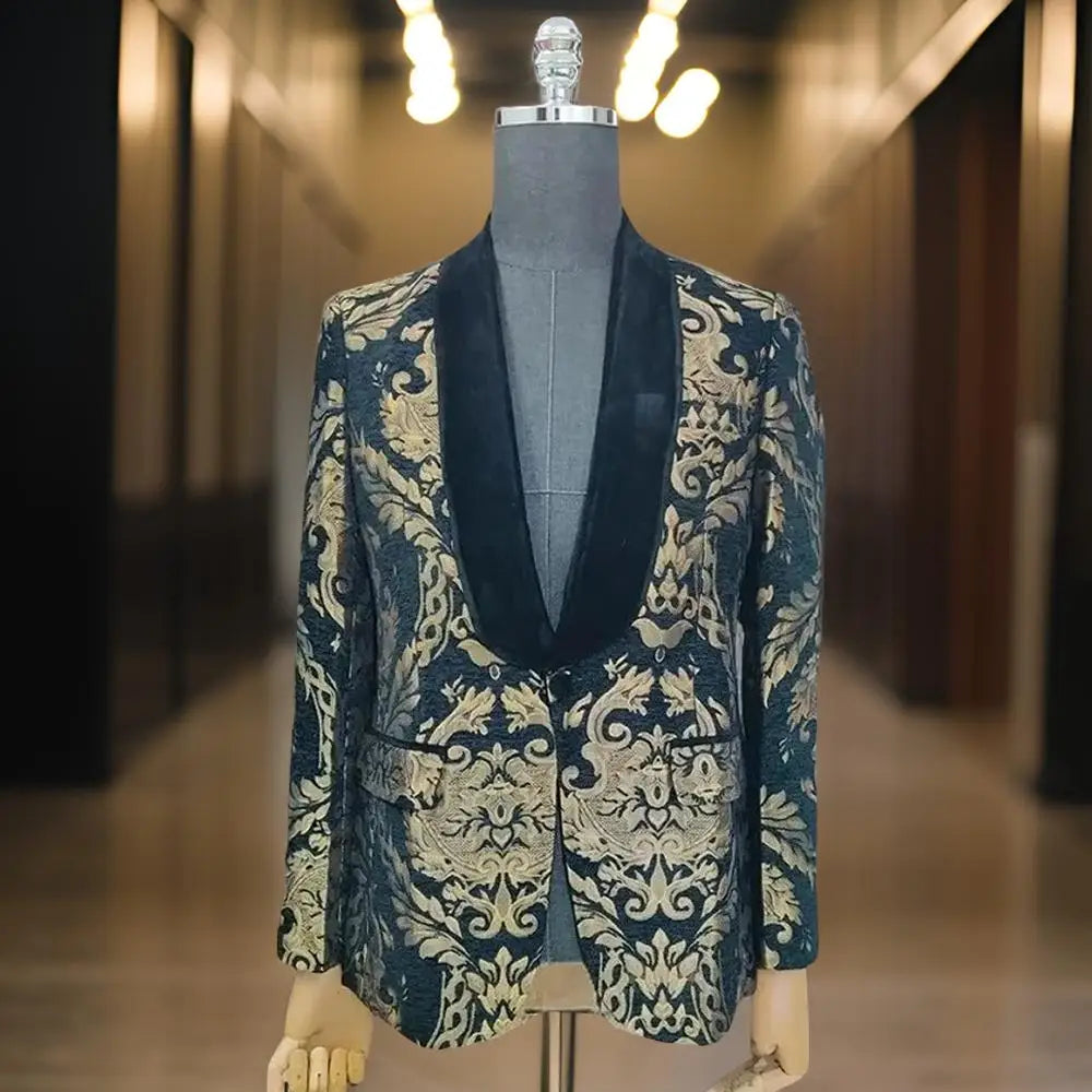 Men's Deep Blue Velvet Jacket with Gold Embellished Patterns