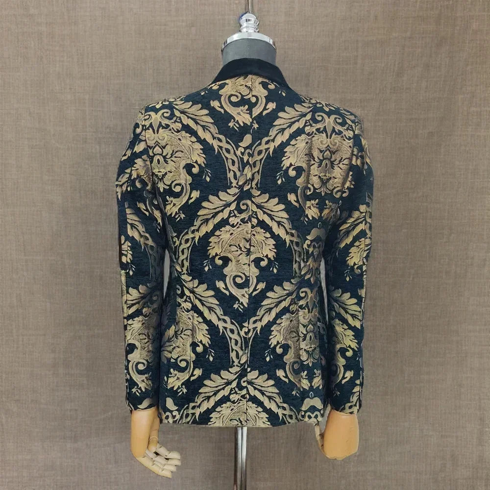 Men's Deep Blue Velvet Jacket with Gold Embellished Patterns