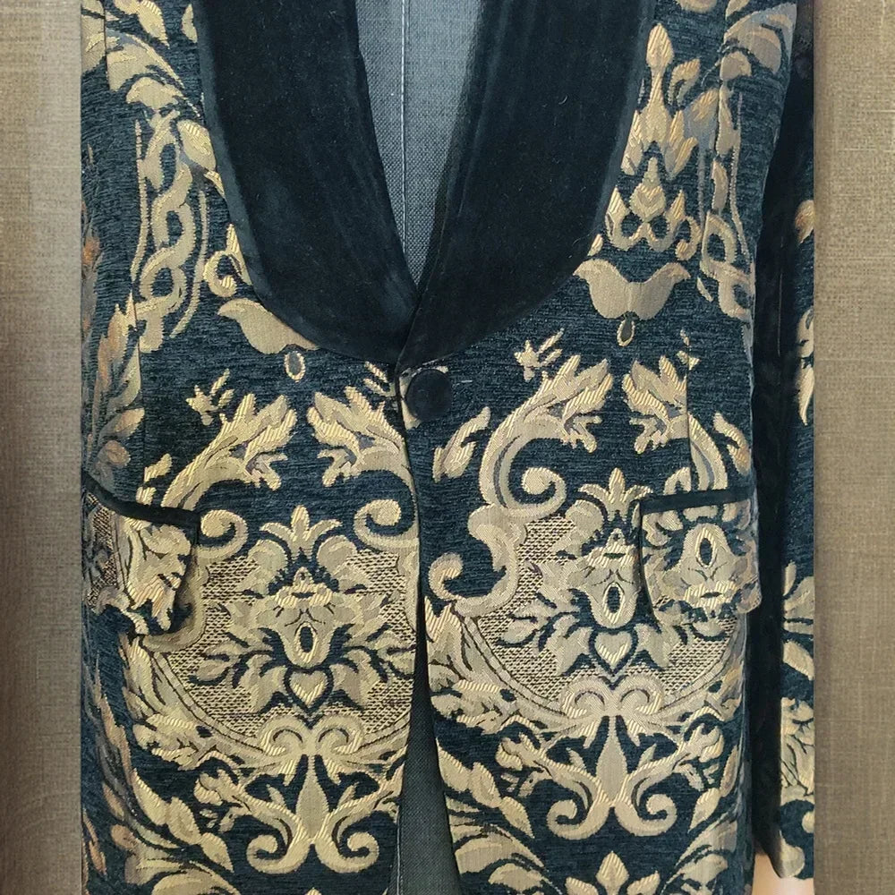 Men's Deep Blue Velvet Jacket with Gold Embellished Patterns