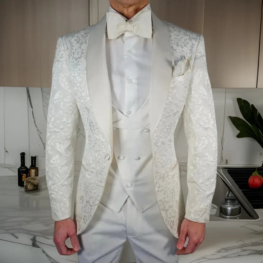 Men's White Suit Jacket with Intricate Oriental Patterns