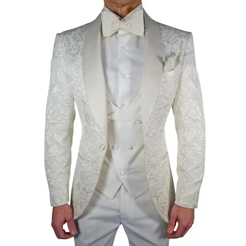 Men's White Suit Jacket with Intricate Oriental Patterns