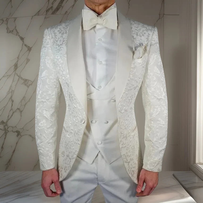 Men's White Suit Jacket with Intricate Oriental Patterns