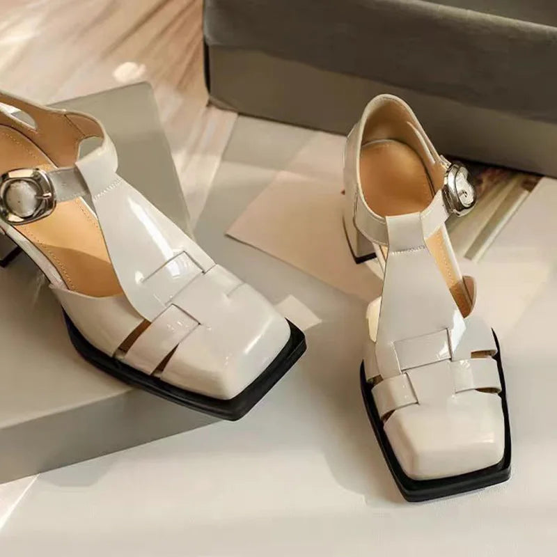 High Heels Belt Buckle Sandals Shoes Hollow Design Women's Shoes