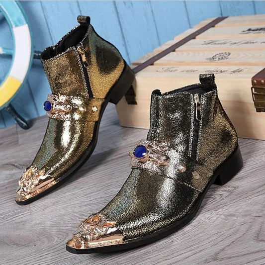 Gold Metal Toe Ankle Boots for Men Genuine Leather Winter Ridding Boots