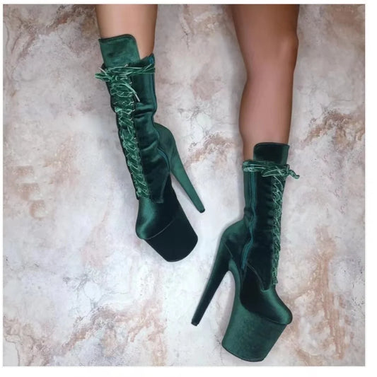 Green Flock Lace Up Boots Mid Calf Thin High Heel Cool Fashion Sexy Woman Shoes