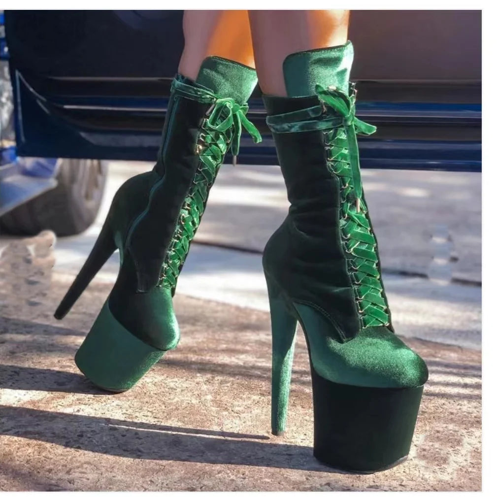 Green Flock Lace Up Boots Mid Calf Thin High Heel Cool Fashion Sexy Woman Shoes