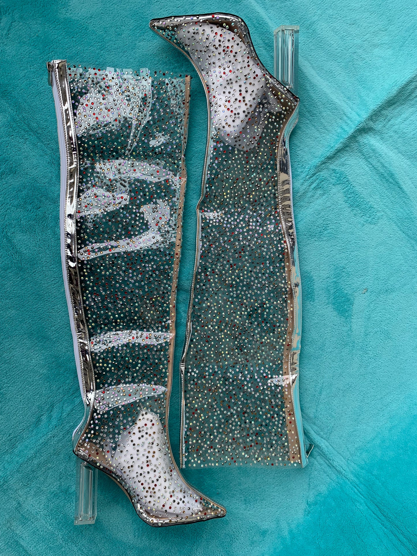 Luxury Clear Colorful Rhinestone Studded Thigh High Boots