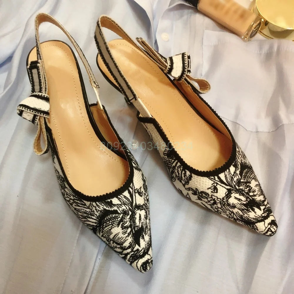 Lace Embroidery Sandals Elegant Lady Shoes Slingback Bow Straps Pointed Toe