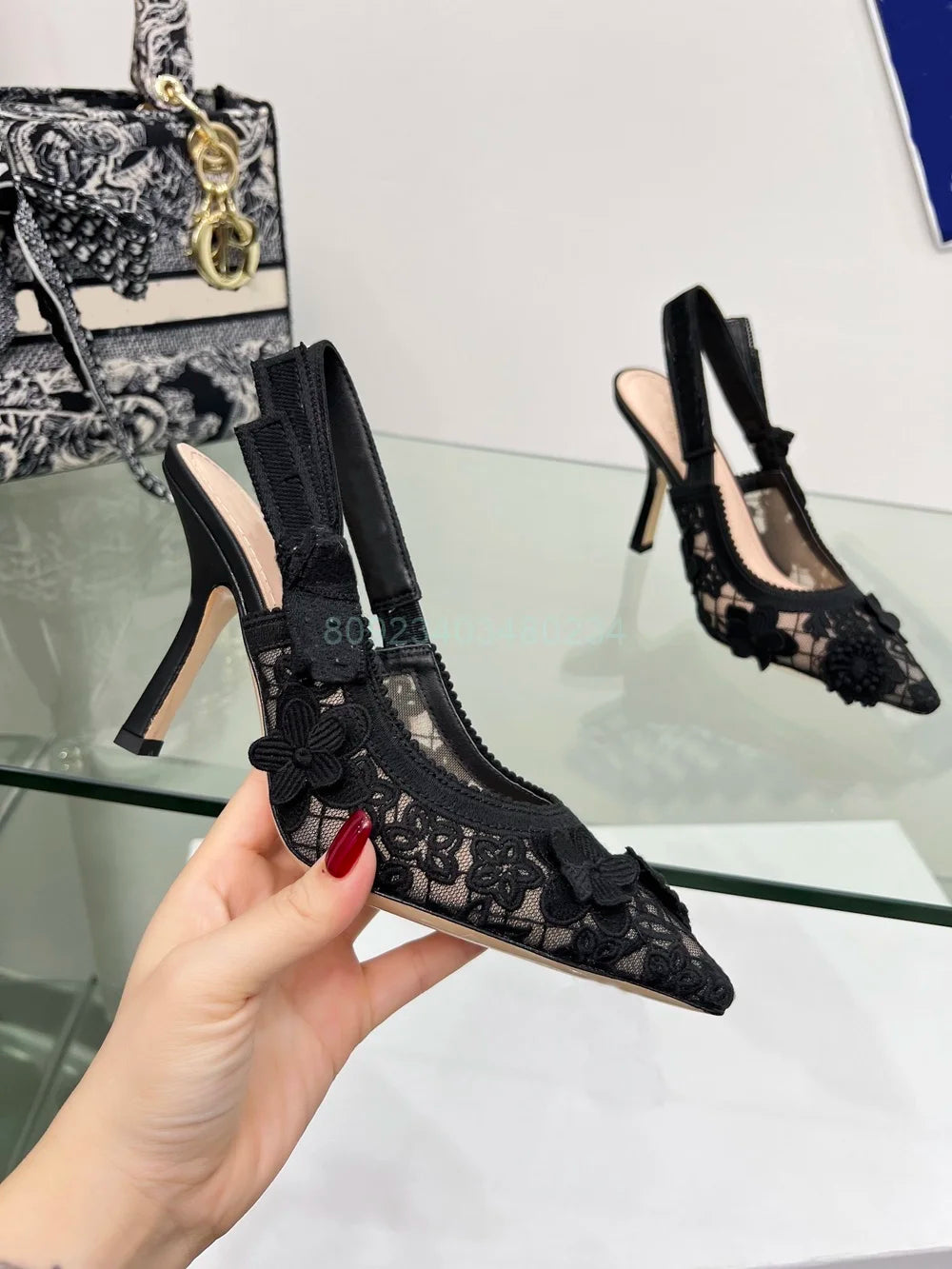 Lace Embroidery Sandals Elegant Lady Shoes Slingback Bow Straps Pointed Toe