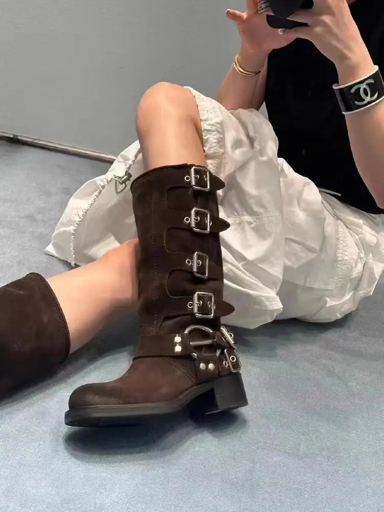 Metal Buckle Round Toe Chunky Heel Mid-Calf Woman Retro Boots