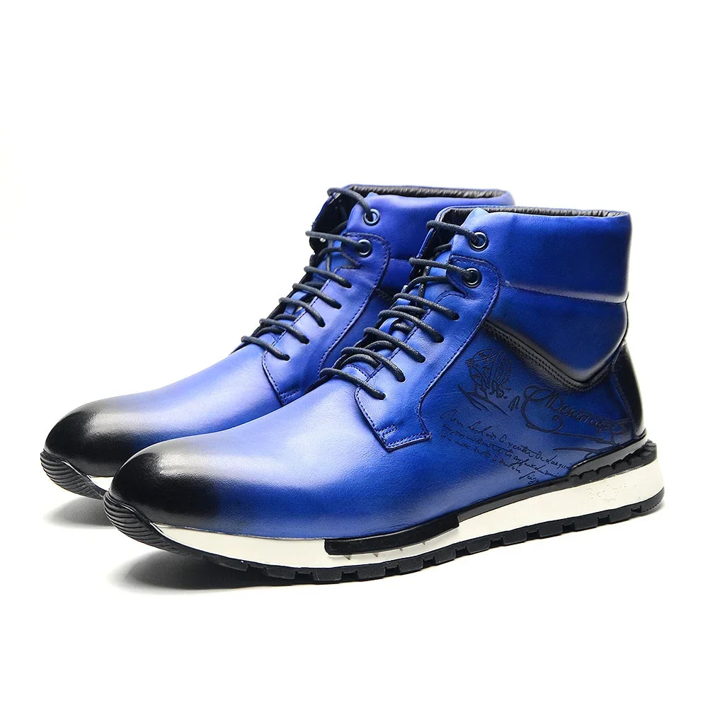 Mens Ankle Boots Genuine Leather Lace-Up High Top Flat Street Style