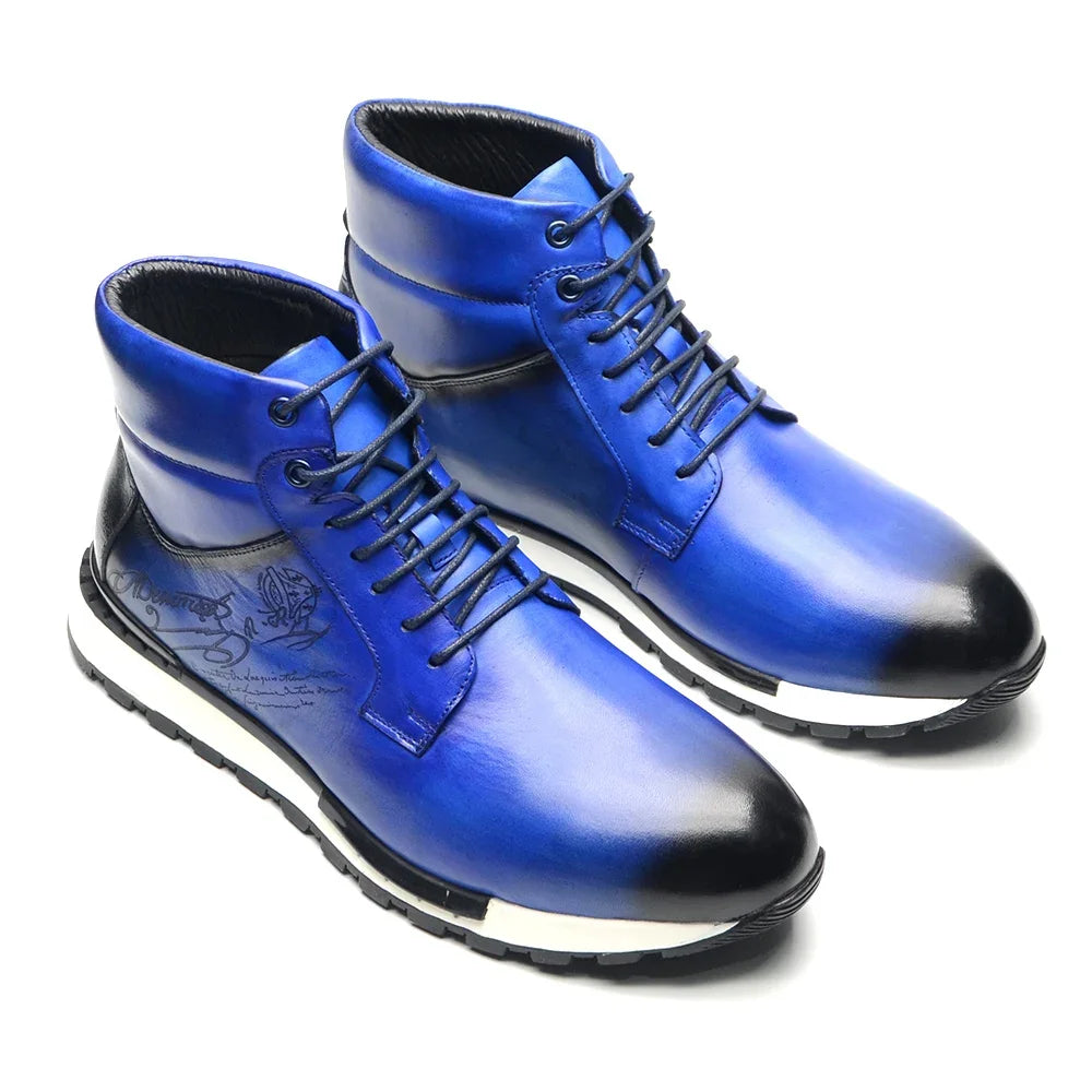 Mens Ankle Boots Genuine Leather Lace-Up High Top Flat Street Style