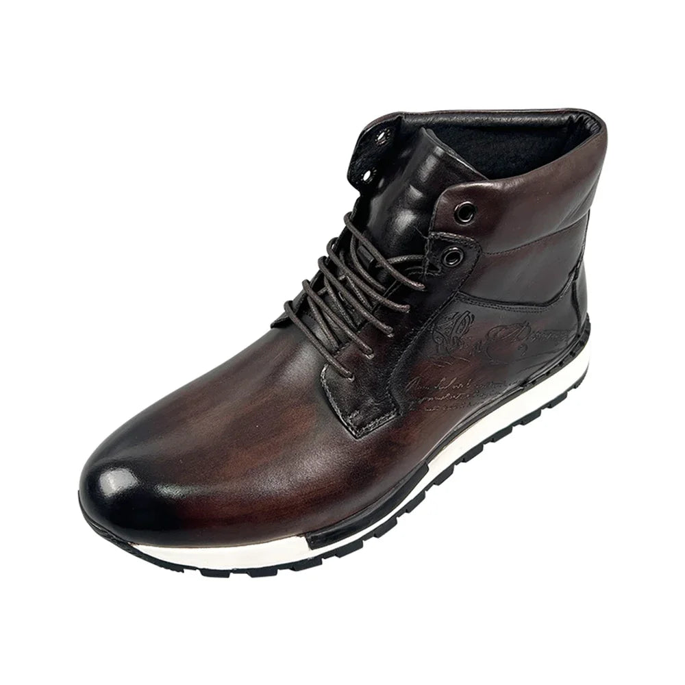 Mens Ankle Boots Genuine Leather Lace-Up High Top Flat Street Style