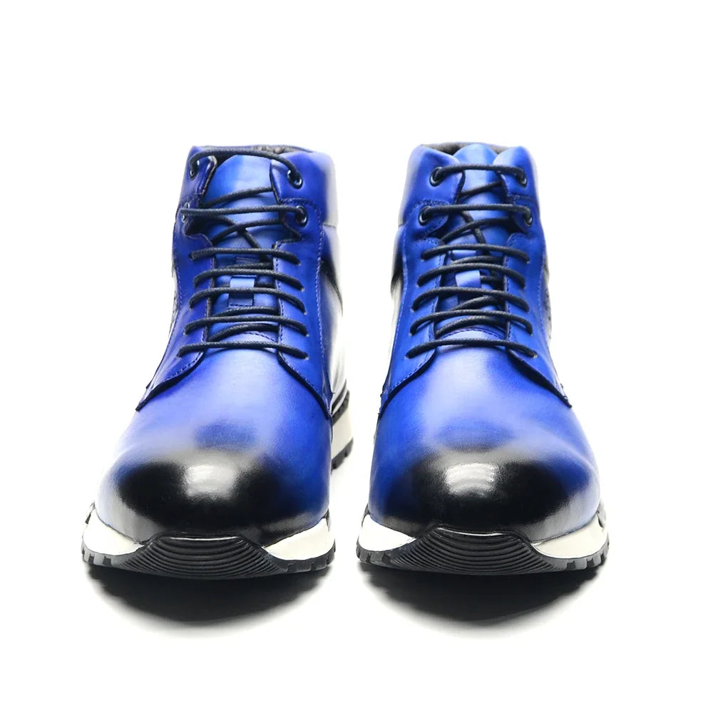 Mens Ankle Boots Genuine Leather Lace-Up High Top Flat Street Style