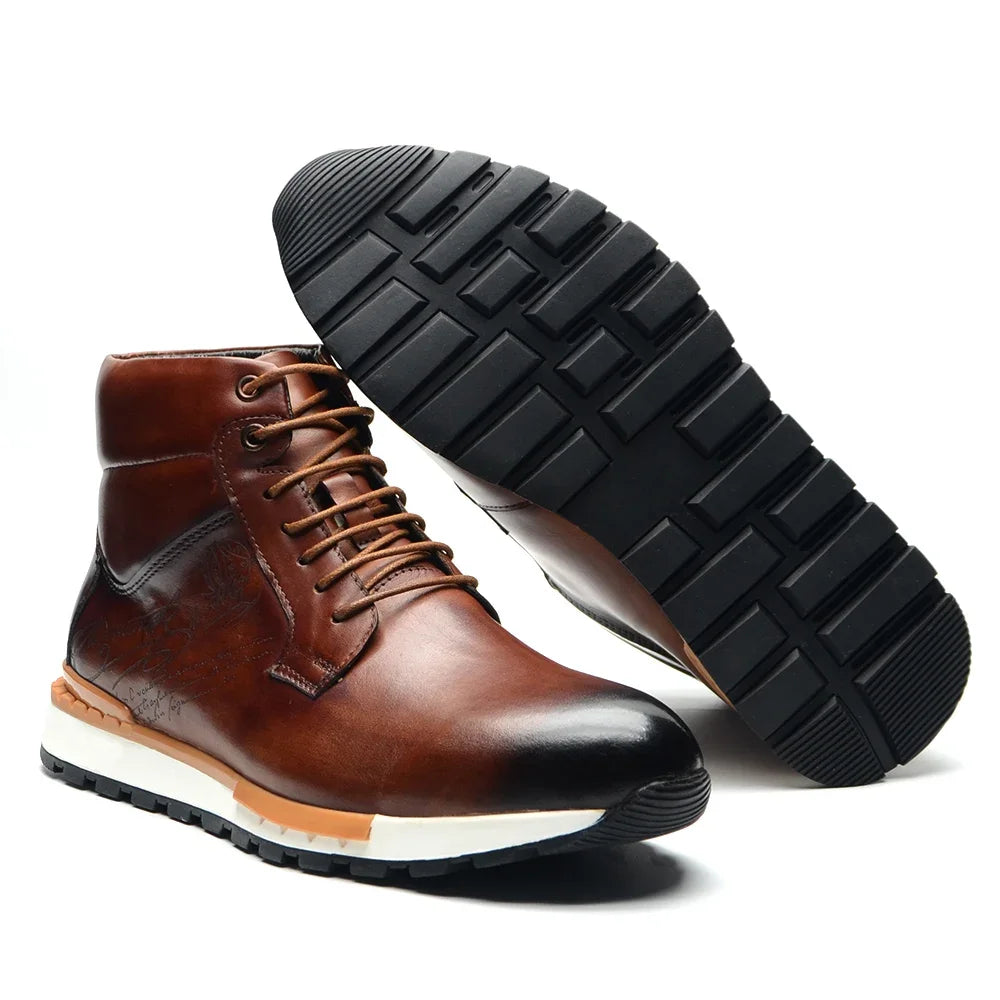 Mens Ankle Boots Genuine Leather Lace-Up High Top Flat Street Style