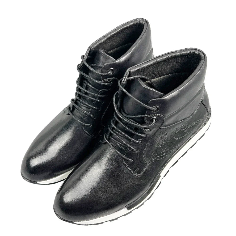 Mens Ankle Boots Genuine Leather Lace-Up High Top Flat Street Style