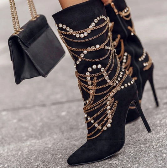 Metallic Chains Crystal Stiletto Heels Knee High Boots Women Party Shoes