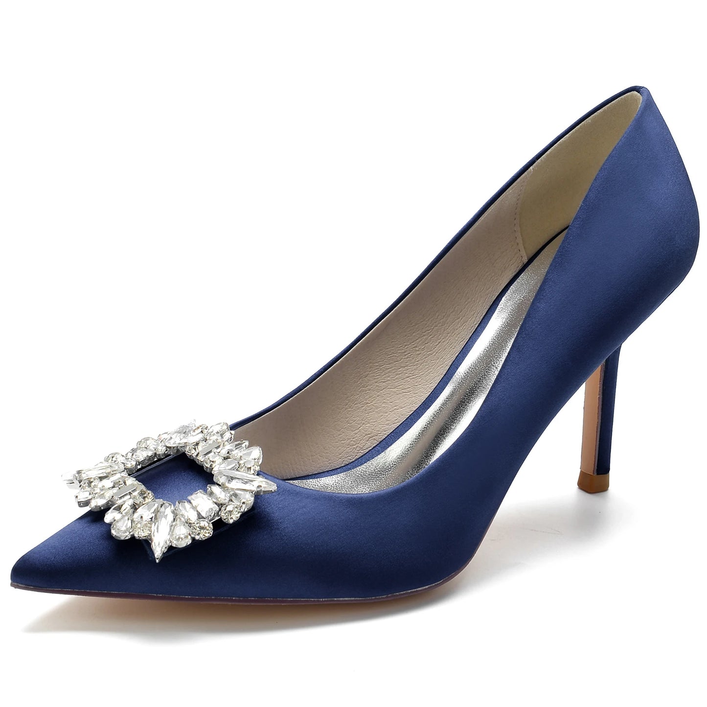 Classic Satin Pointed Toe Pumps with Crystal Brooch