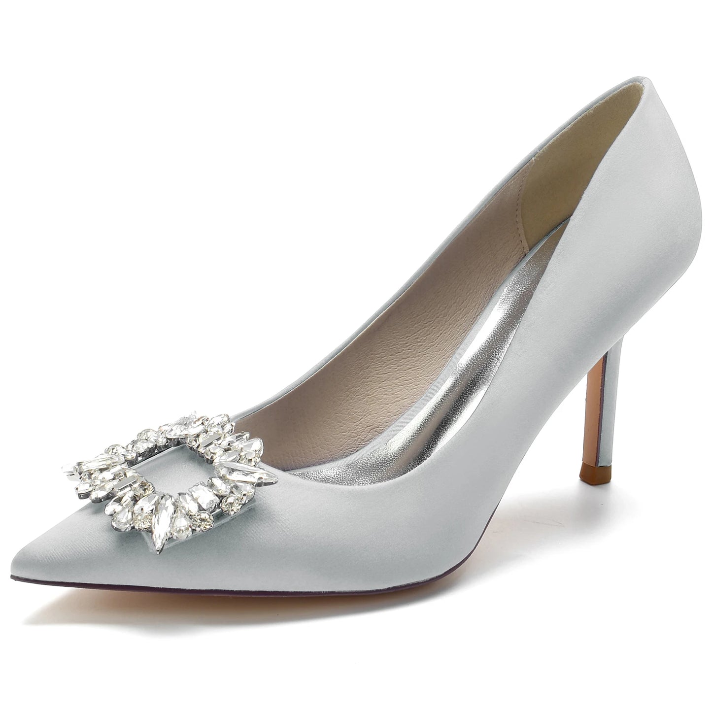 Classic Satin Pointed Toe Pumps with Crystal Brooch