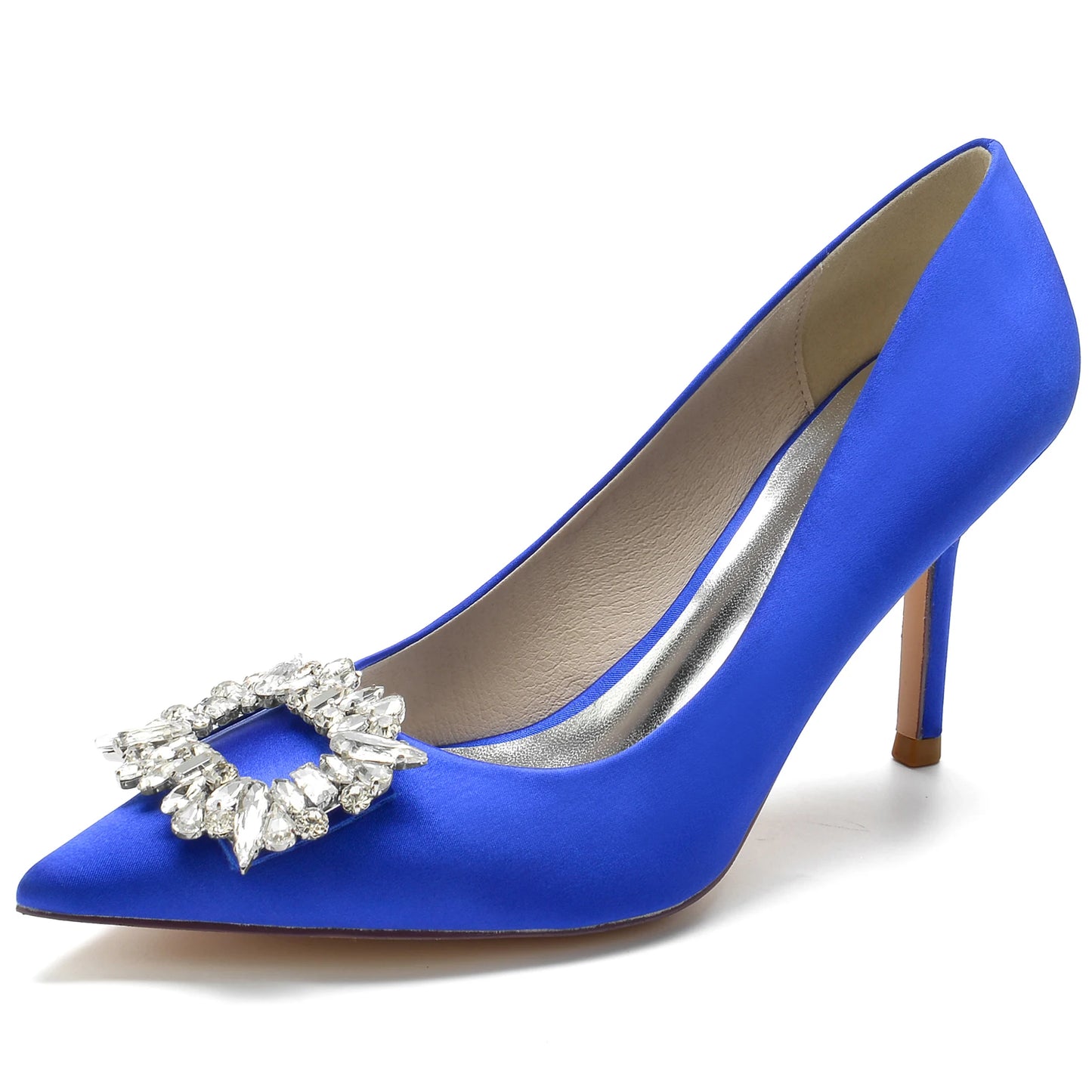 Classic Satin Pointed Toe Pumps with Crystal Brooch