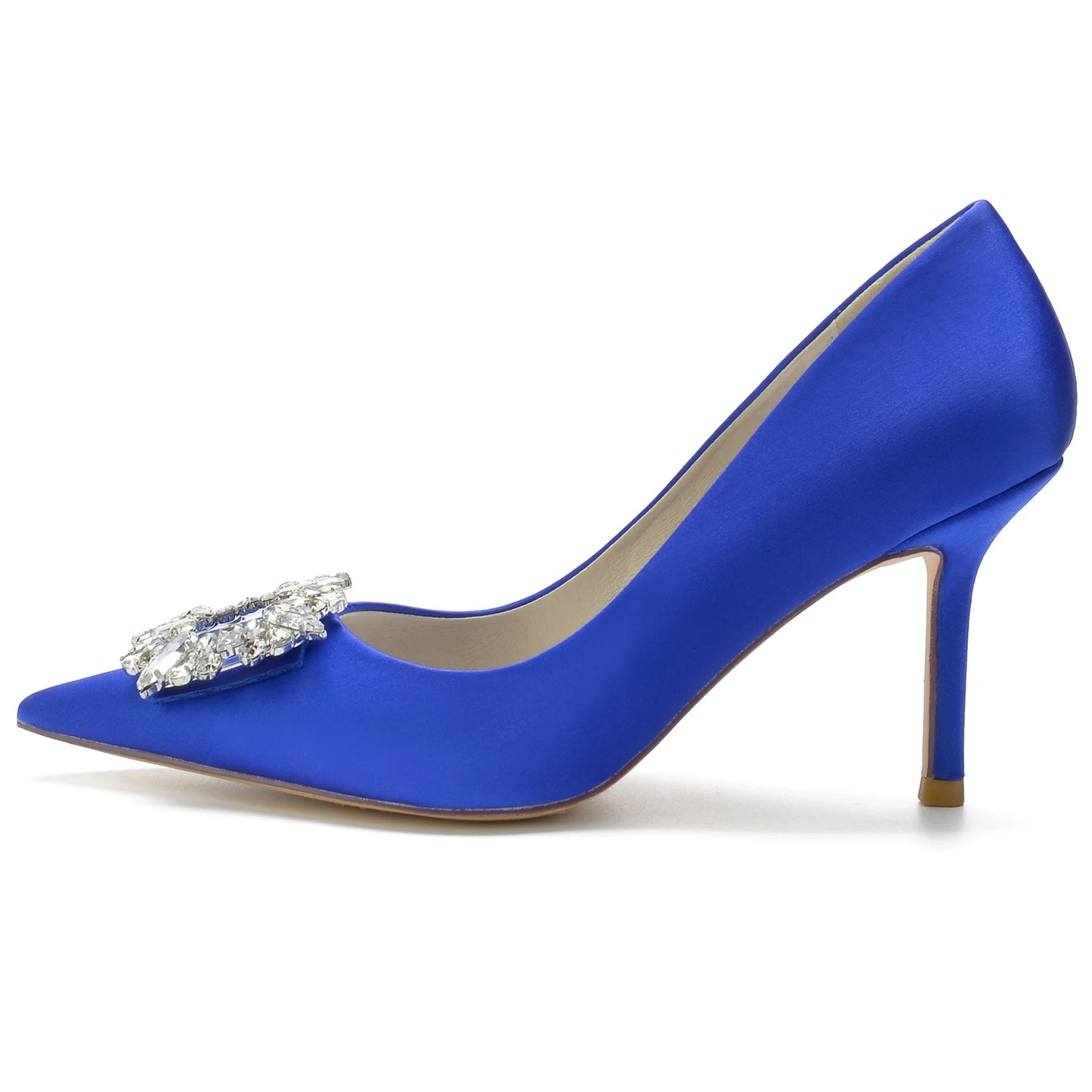 Classic Satin Pointed Toe Pumps with Crystal Brooch