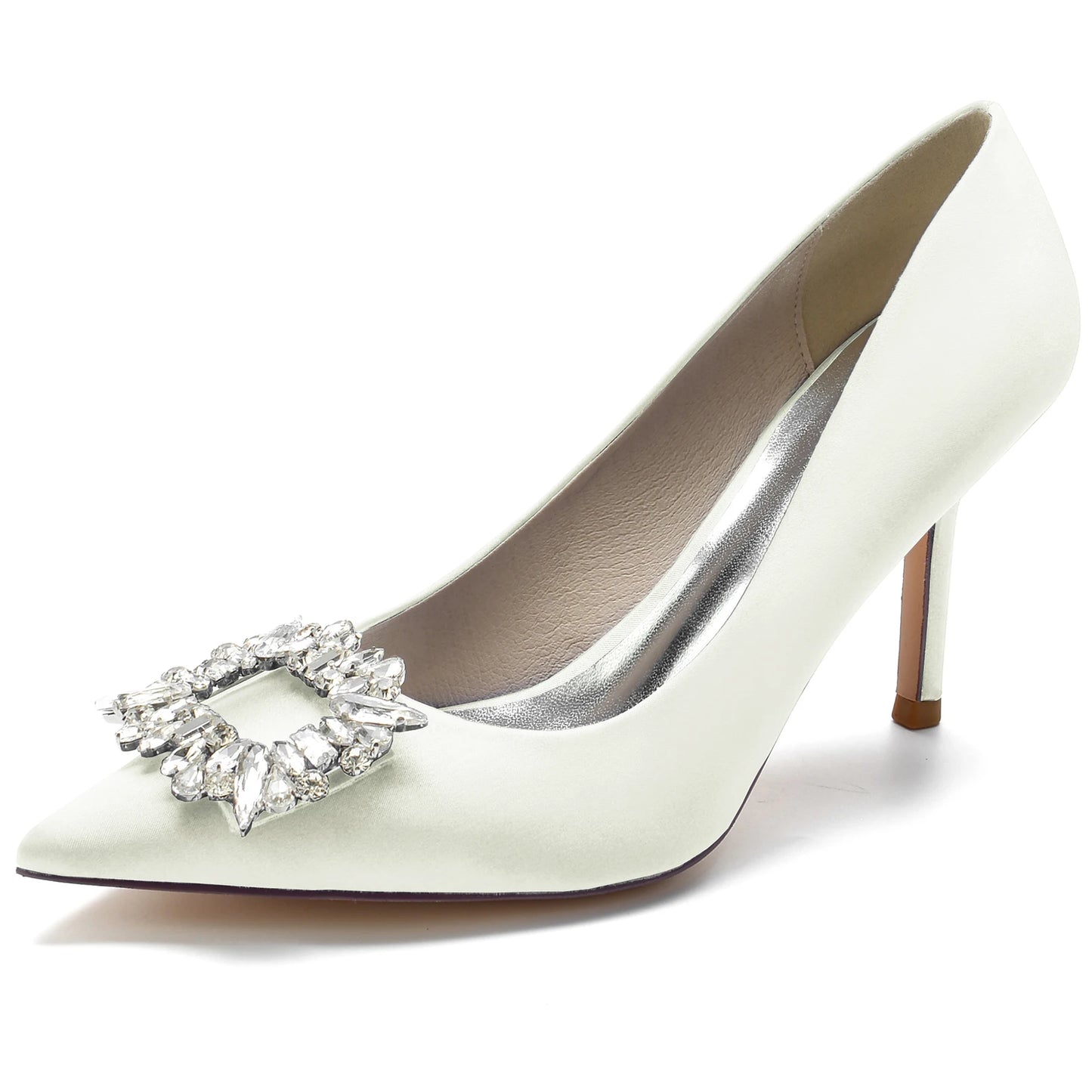 Classic Satin Pointed Toe Pumps with Crystal Brooch