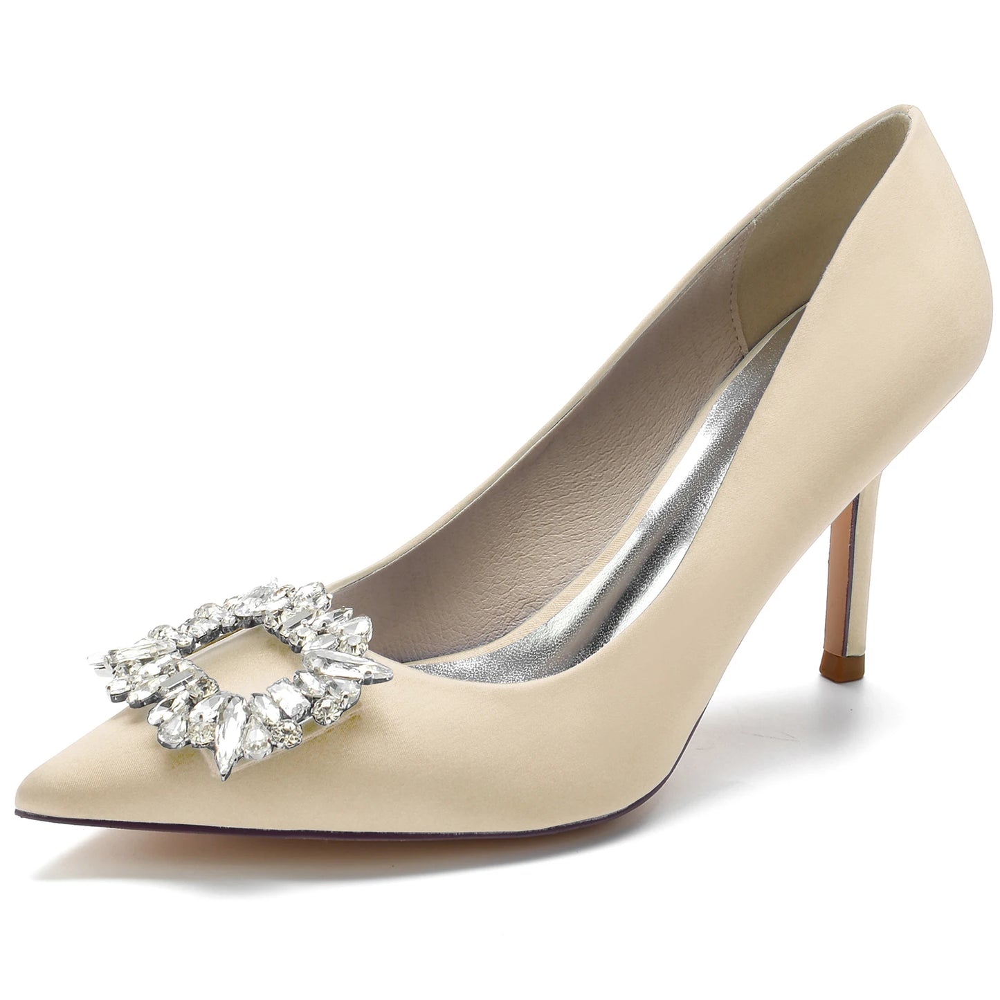 Classic Satin Pointed Toe Pumps with Crystal Brooch