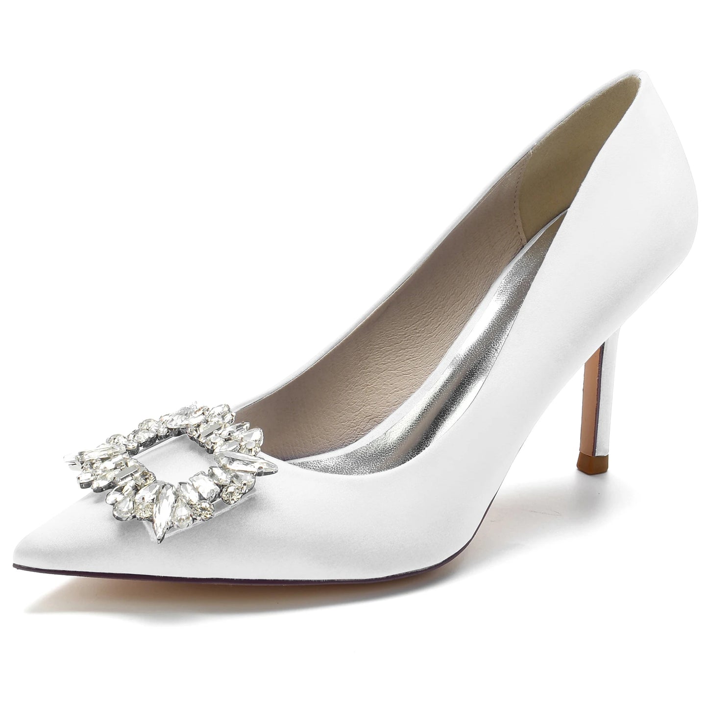 Classic Satin Pointed Toe Pumps with Crystal Brooch