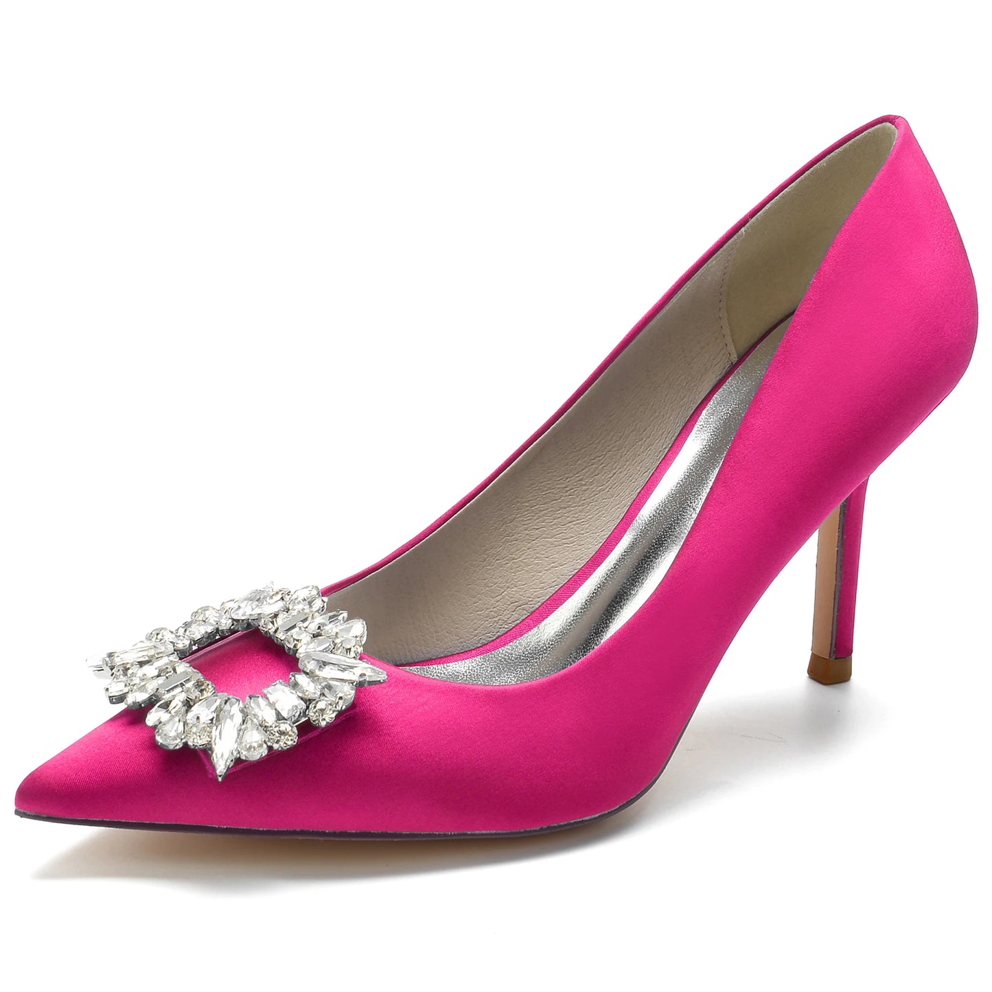 Classic Satin Pointed Toe Pumps with Crystal Brooch