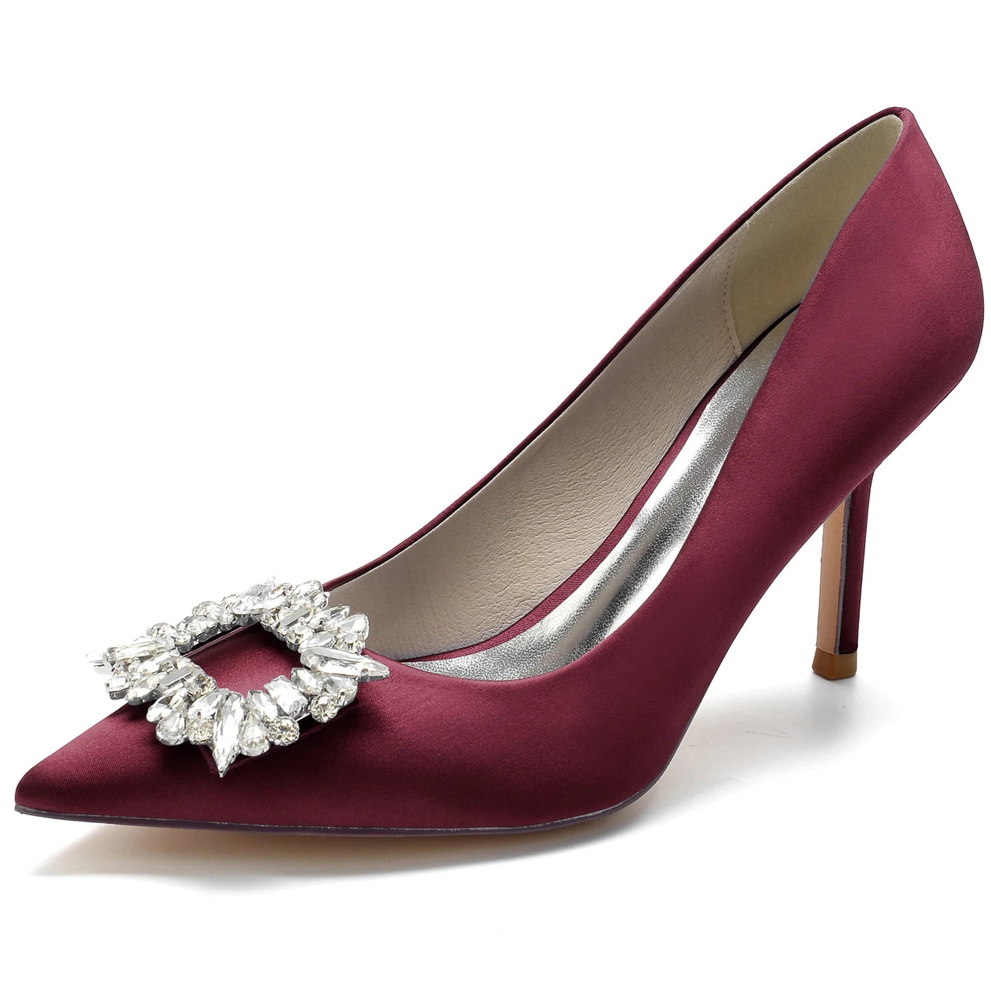 Classic Satin Pointed Toe Pumps with Crystal Brooch