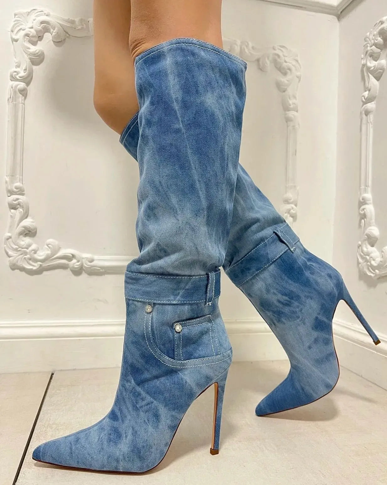 Blue Denim Knee-High Boots with Sequin and Mosaic Details