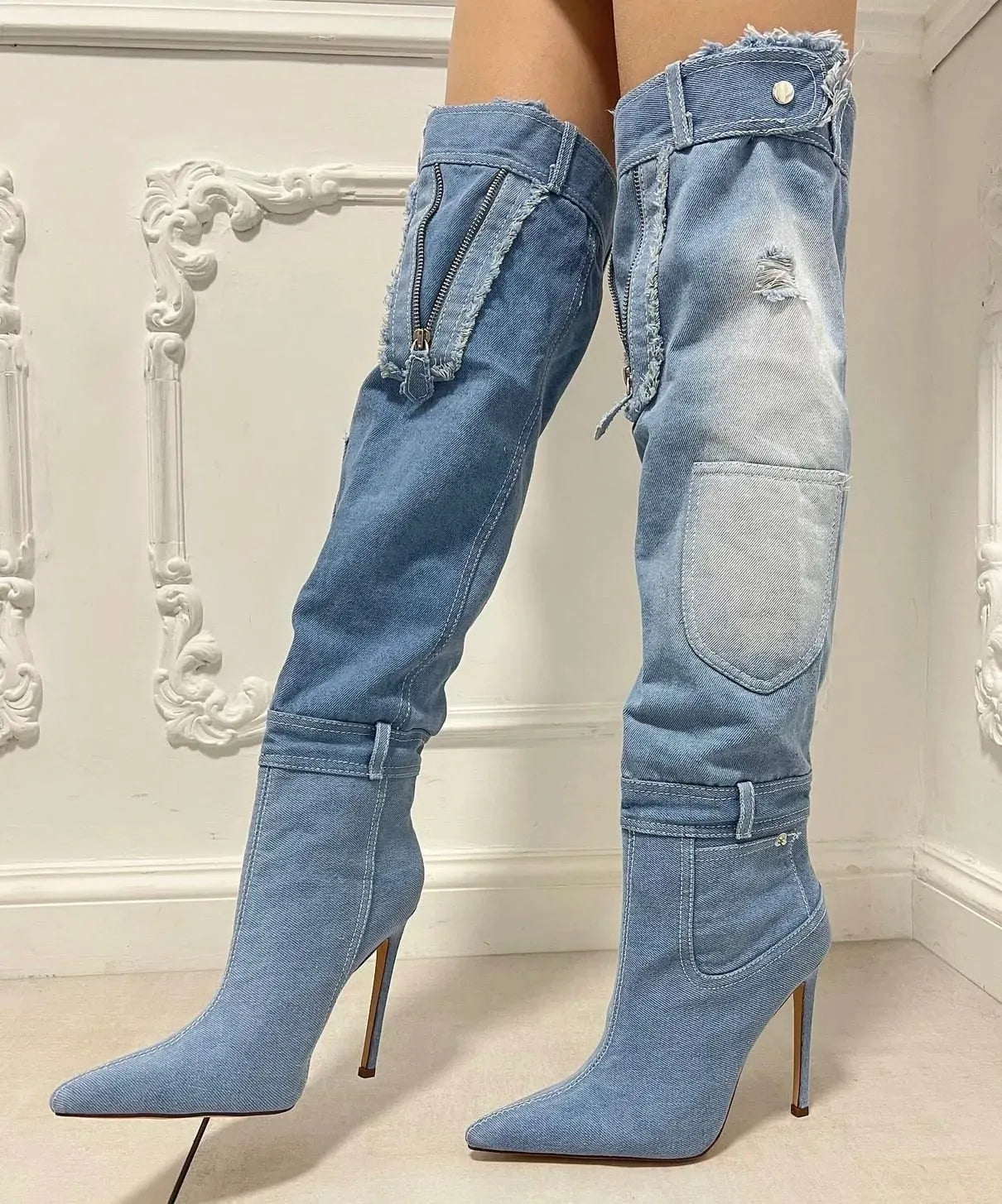 Blue Denim Knee-High Boots with Sequin and Mosaic Details