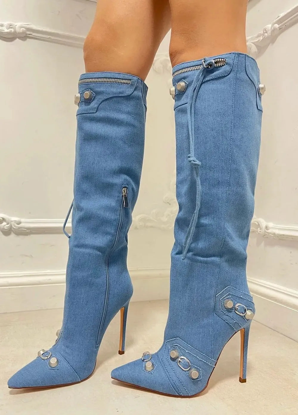 Blue Denim Knee-High Boots with Sequin and Mosaic Details