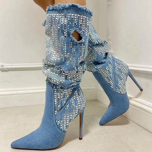 Blue Denim Knee-High Boots with Sequin and Mosaic Details