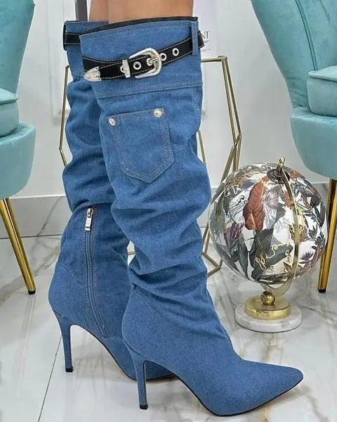 Blue Denim Knee-High Boots with Sequin and Mosaic Details