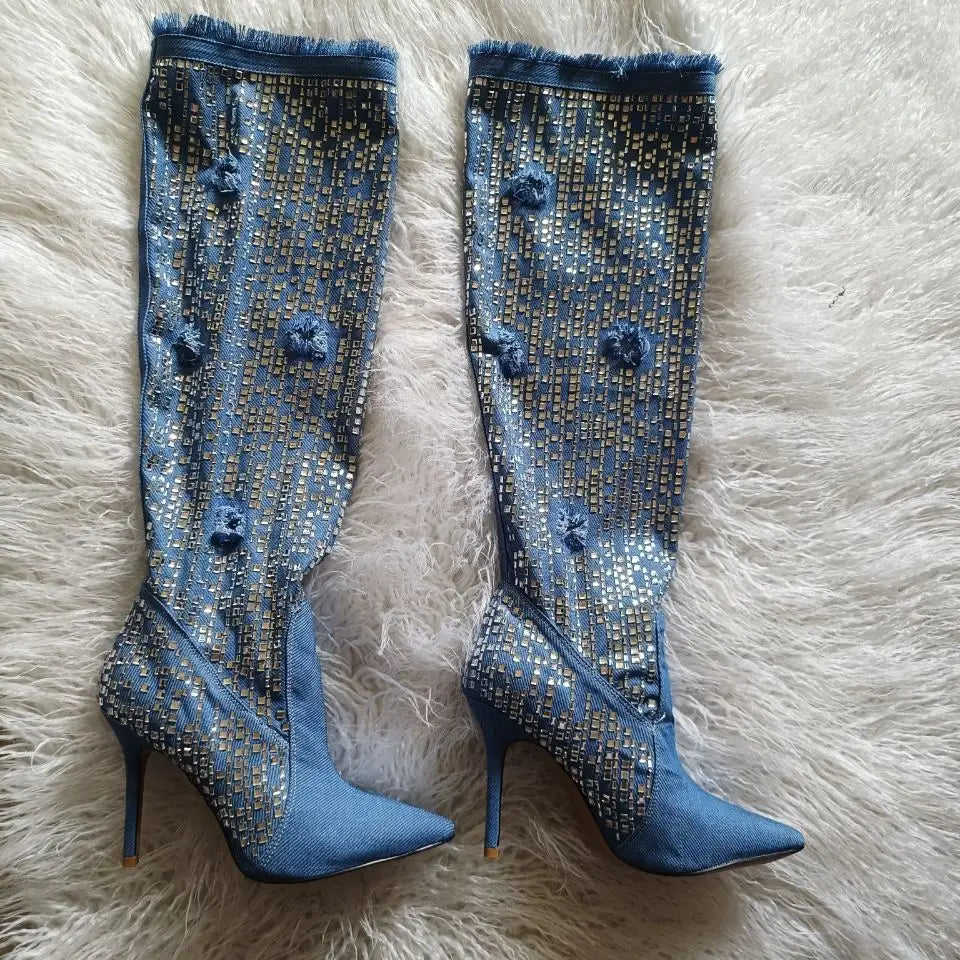 Blue Denim Knee-High Boots with Sequin and Mosaic Details