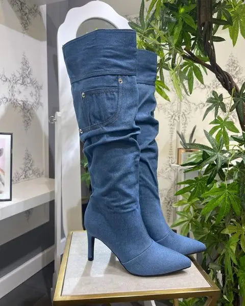 Blue Denim Knee-High Boots with Sequin and Mosaic Details