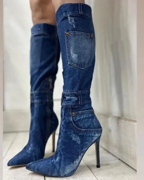 Blue Denim Knee-High Boots with Sequin and Mosaic Details