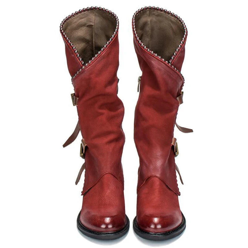 Medium Heeled Roman Style Buckle Decor Genuine Cow Leather Boots