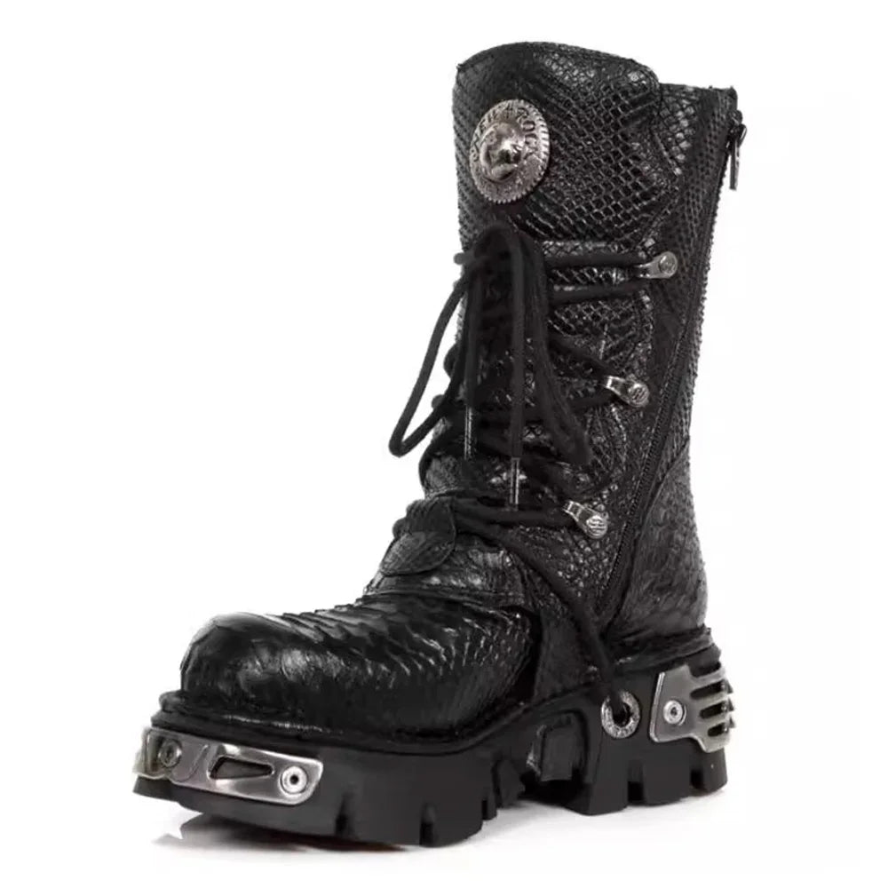 Pattern Lace Up Round Toe Platform Mid-Calf Motorcycle Boots