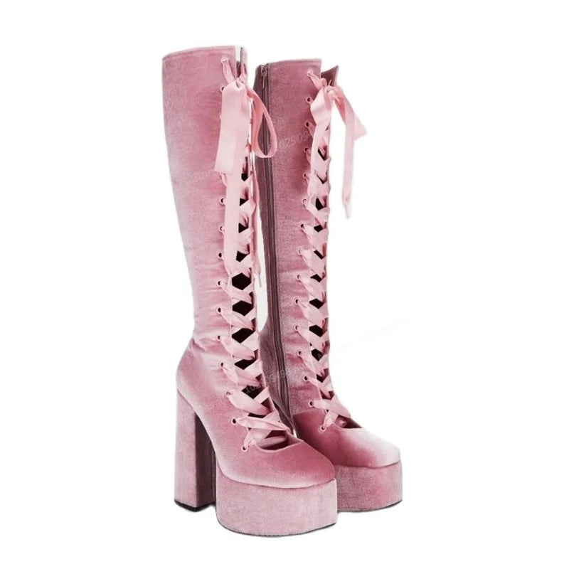 Pink Suede Knee High Boots Cross Tied Hollow Out Round Toe Shoes for Women